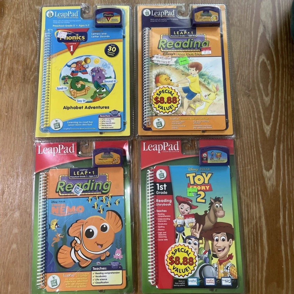 LeapFrog 4 LeapPad Interactive Books & Cartridge Alphabet, Pooh, Toy Story, Nemo